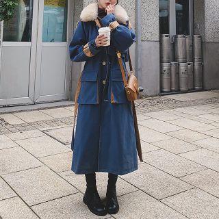 Long-sleeve Fluffy Collar Color-block Tie-waist Coat