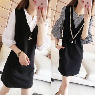 Balloon-sleeve Mock Two-piece Mini A-line Dress