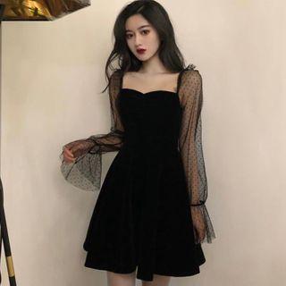 Dotted Panel Long-sleeve Mini A-line Dress Black - One Size