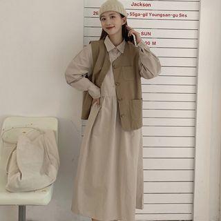 Long-sleeve Polo-neck Plain Midi Dress / Button-up Vest