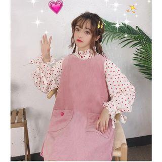 Frill-trim Dotted Blouse/ Sleeveless Corduroy A-line Dress