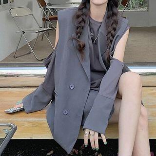 Double Breasted Vest / Long-sleeve Cold-shoulder Top