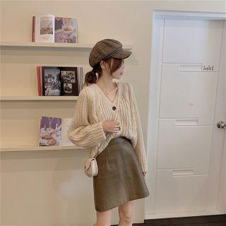 V-neck Plain Cardigan / Faux Leather A-line Skirt