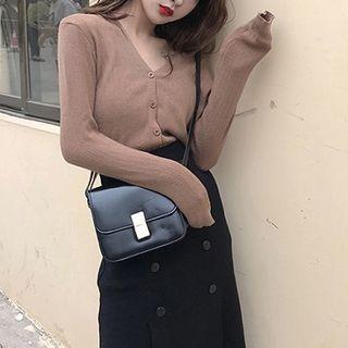 Plain Long-sleeve Knit Top / Plain Double-breasted High-waist Skirt
