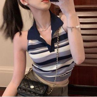 Collar Striped Knit Crop Tank Top Blue - One Size