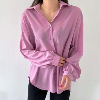 Bishop-sleeve Sheer Satin Blouse