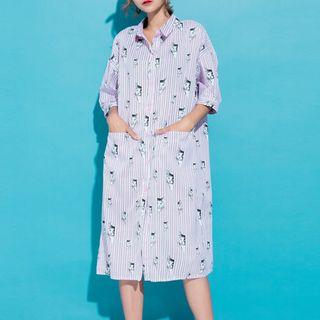 Cat Print 3/4-sleeve Midi Shirt Dress