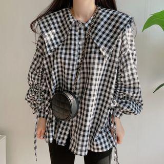 Puff-sleeve Lapel Drawstring Plaid Shirt