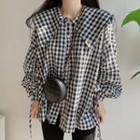 Puff-sleeve Lapel Drawstring Plaid Shirt