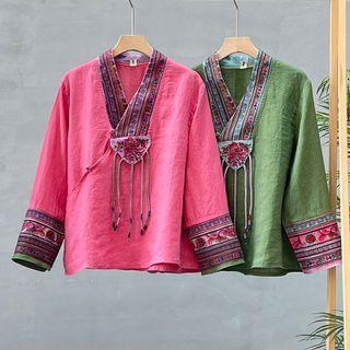 V-neck Embroidered Linen Blouse