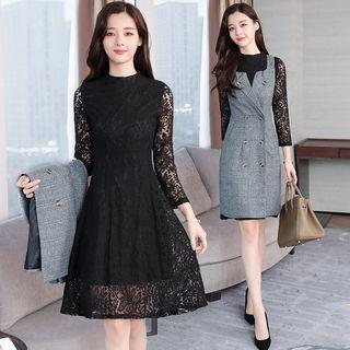 Set: Lace 3/4-sleeve A-line Dress + Plaid Double-breasted Sleeveless Dress