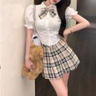 Puff-sleeve Shirt / Bow Tie / Mini A-line Skirt / Set