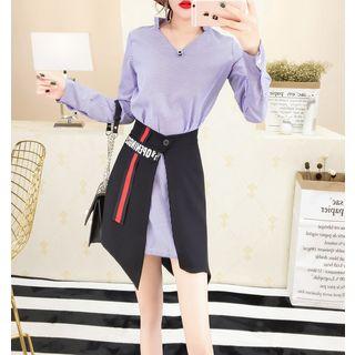 Set: Long-sleeve Pinstriped Shirt Dress + Slit A-line Skirt