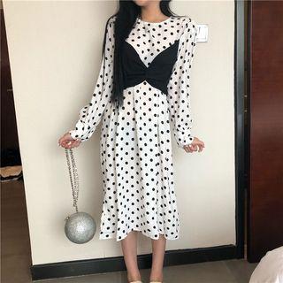 Mock Two-piece Dotted Long-sleeve Midi A-line Dress