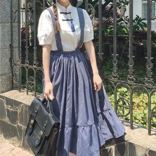 Tassel Short-sleeve Blouse / Suspender Midi A-line Skirt