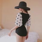 Puff-sleeve Dotted Twist-front Swimsuit
