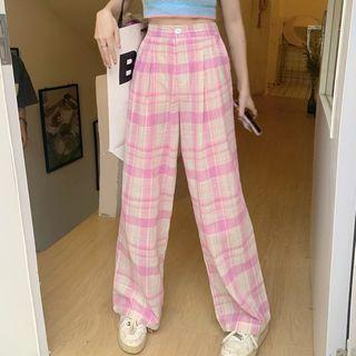 Wide Leg Plaid Pants Plaid - Light Purple & White - One Size