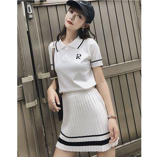 Set: Lettering Short-sleeve Polo Shirt + Pleated Skirt
