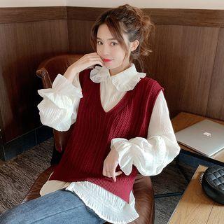 Lantern-sleeve Blouse / Knit Vest