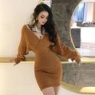 V-neck Mini Sheath Sweater Dress Brown - One Size