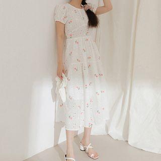 Floral Embroidered Puff-sleeve Dress Pink - One Size