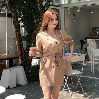 Double-breasted Linen Blend Coatdress With Belt