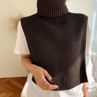 Turtle-neck Open-side Knit Top Brown - One Size