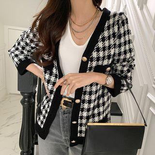V-neck Houndstooth Knit Cardigan As Shown In Figure - One Size