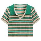 Striped Knit Cropped Polo Shirt Stripe - Green & Almond - One Size