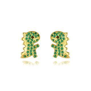 Sterling Silver Plated Gold Simple Cute Little Dinosaur Stud Earrings With Green Cubic Zirconia Golden - One Size