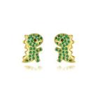 Sterling Silver Plated Gold Simple Cute Little Dinosaur Stud Earrings With Green Cubic Zirconia Golden - One Size