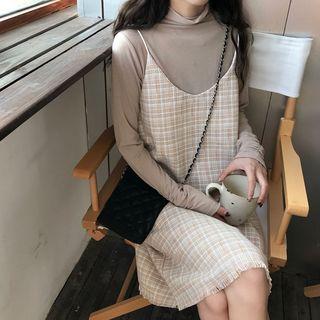Mock-neck Long-sleeve T-shirt / Plaid Pinafore Dress