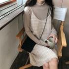 Mock-neck Long-sleeve T-shirt / Plaid Pinafore Dress