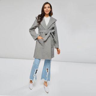 Hooded Tie-waist Coat Gray - One Size