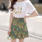 Band-waist Floral Pleated Skirt