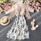 Set: V-neck Floral Print Slipdress + Long-sleeve V-neck Blouse