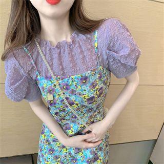 Frilled Puff-sleeve Top / Floral Slim-fit Sleeveless Dress