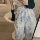 Flower Print Straight Leg Pants Blue Floral - White - One Size