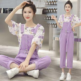 Short-sleeve Floral Print T-shirt / Cropped Straight-fit Denim Dungaree Pants / Set