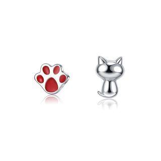 Sterling Silver Simple And Cute Cat Paw Asymmetrical Stud Earrings Silver - One Size