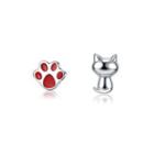 Sterling Silver Simple And Cute Cat Paw Asymmetrical Stud Earrings Silver - One Size