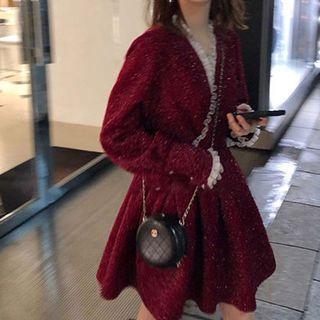 Long-sleeve Lace Trim Sequined Mini Dress