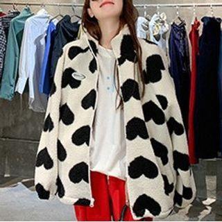 Heart Pattern Fluffy Zip Jacket