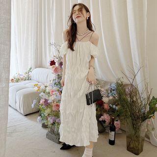 Puff-sleeve Off-shoulder Crinkle Midi Sheath Dress