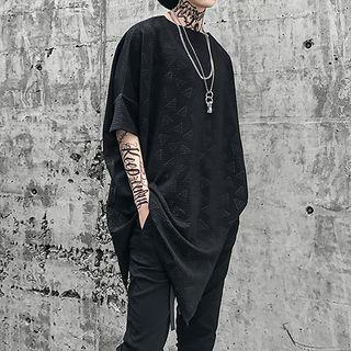 Short-sleeve Geometric Print Asymmetrical T-shirt Black - One Size