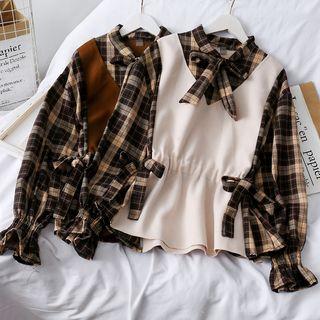 Drawstring-waist Mock Two-piece Checker Shirt