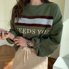 Furry-trim Lettered Sweatshirt Khaki - One Size