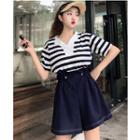 Set: Striped Short-sleeve Lapel Collar Top + Culottes
