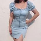 Lace Trim Puff-sleeve Mini Sheath Dress