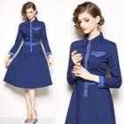 3/4-sleeve Contrast-trim Midi A-line Shirtdress